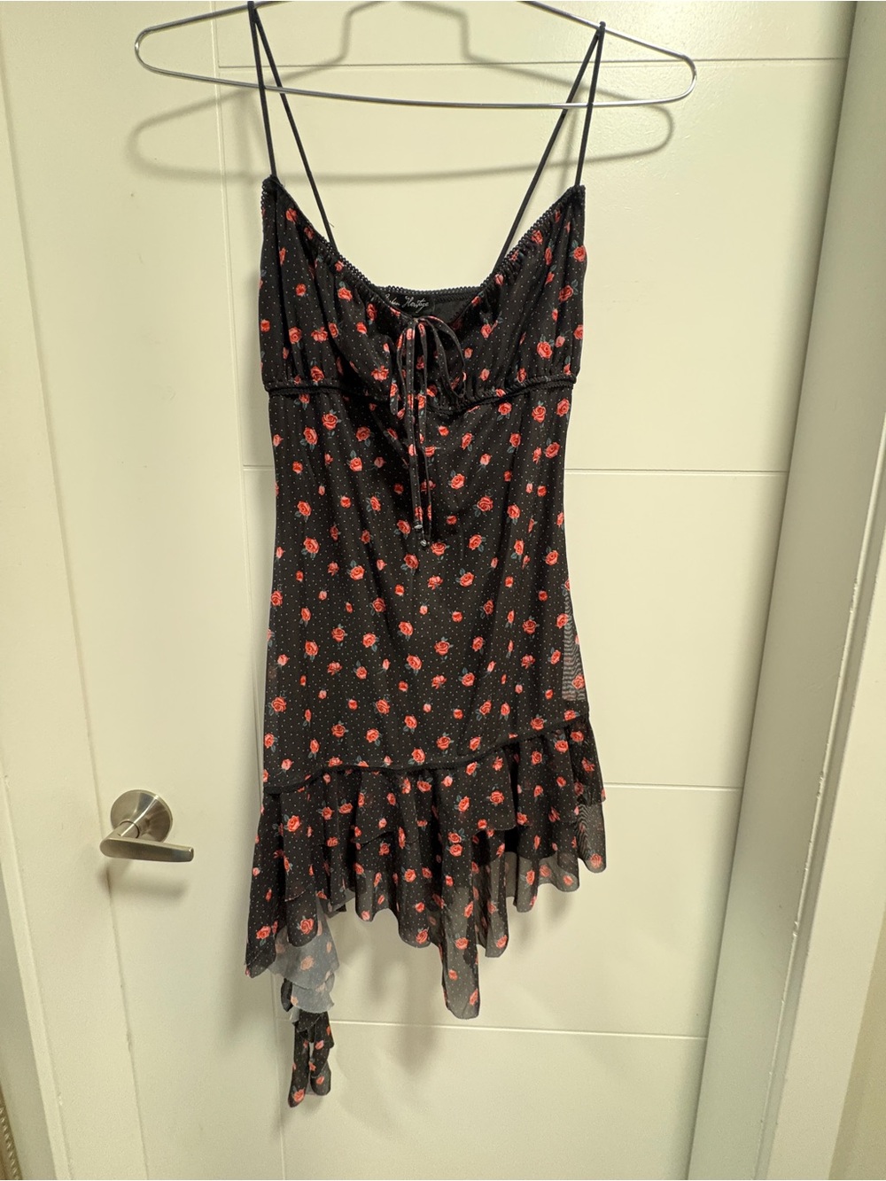 Urban Heritage Black Slip Dress with Red Floral Print and Asymmetrical Ruffle